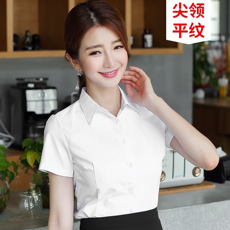 [pointed collar] white plain short sleeve