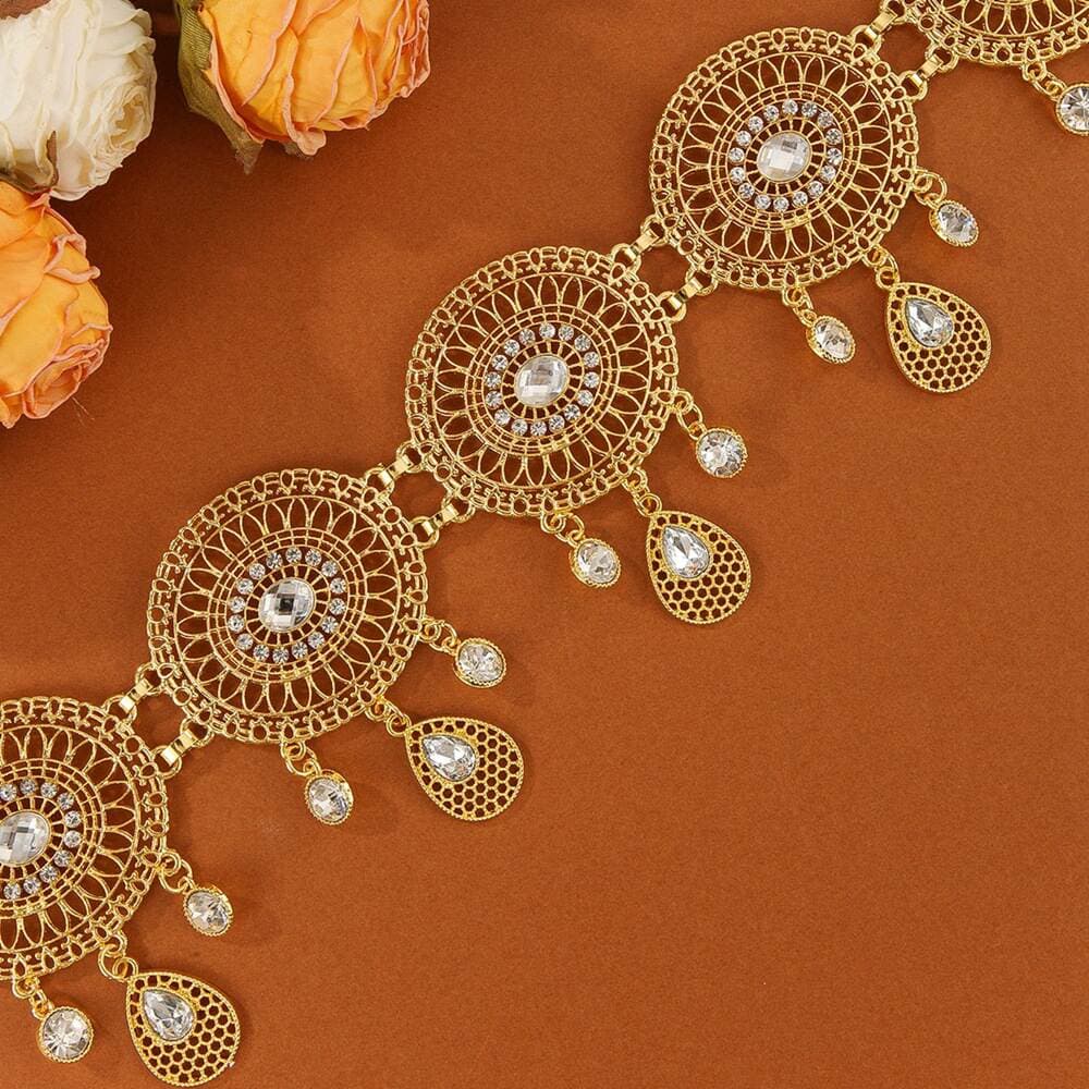 Dunhuang exotic ethnic waist ornaments golden geometric oval alloy hollow diamond tassel waist chain belt women 4
