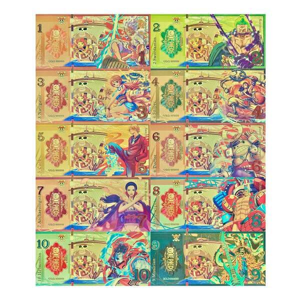 One Piece Straw Hat Pirates 10 Anime Character Gold Foil Commemorative Banknotes Crafts