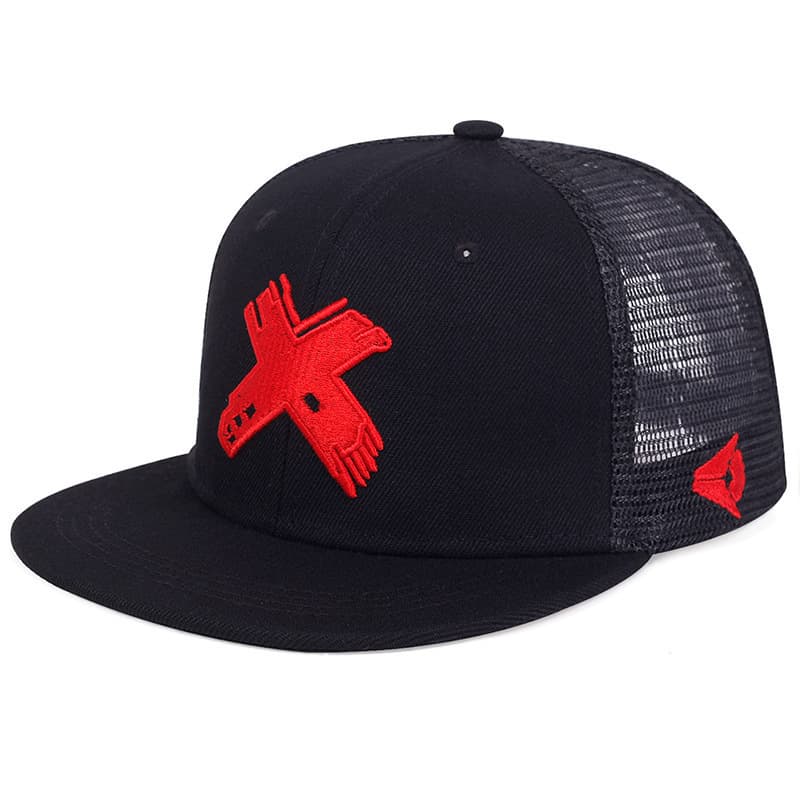 Red x flat brim half mesh hat