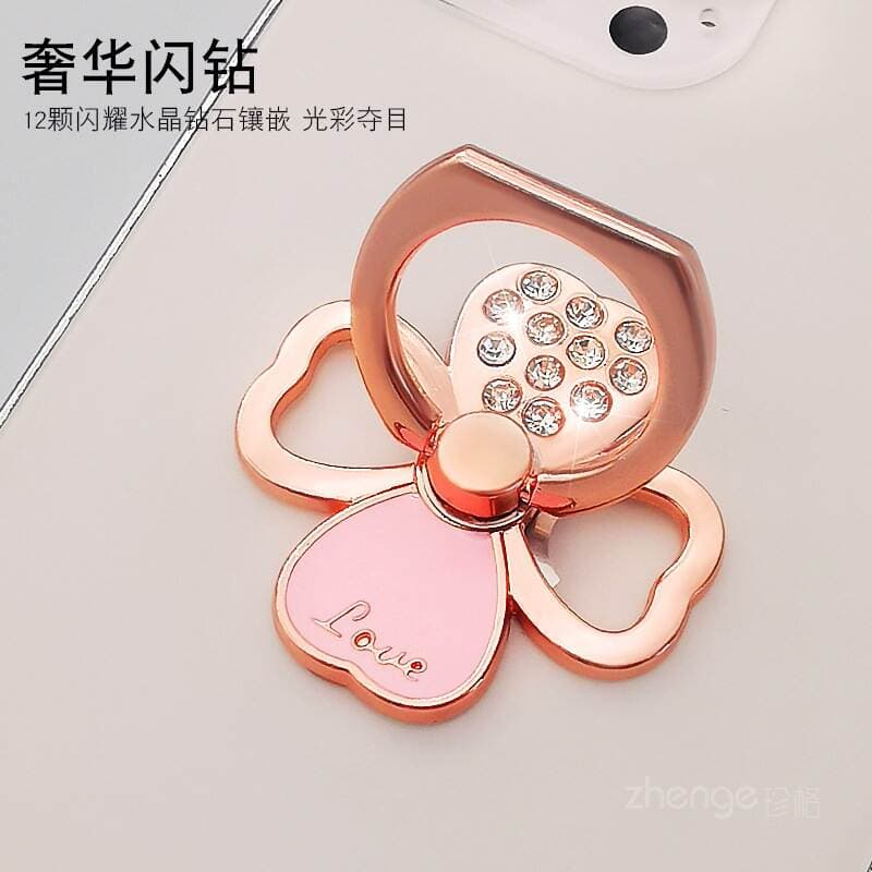 Mobile Phone Holder with Four-Leaf Clover Design, Sparkling Diamond Ring Buckle, Strong Adhesive, Anti-Drop, Portable, Invisible, Integrated 3