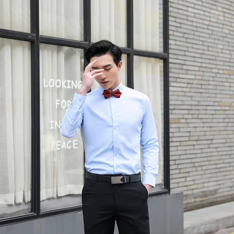 Blue long shirt + black suit pants