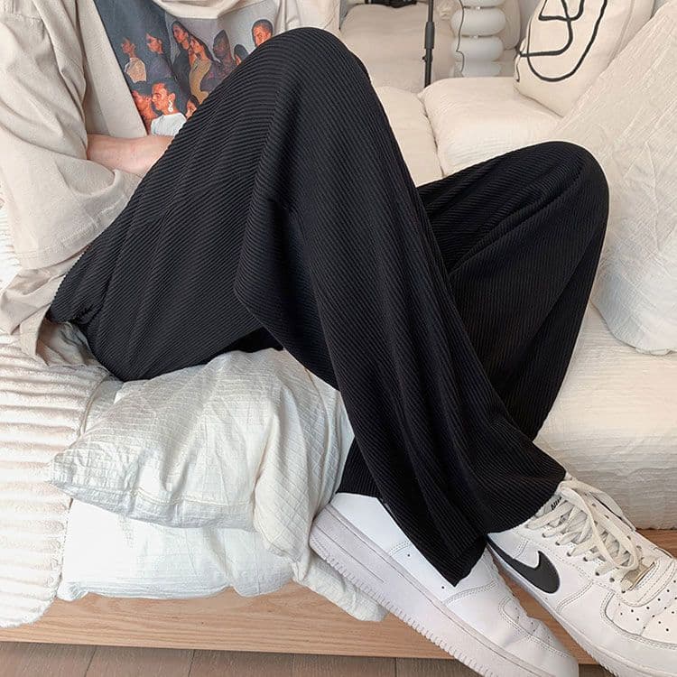 Striped straight ice silk pants Black