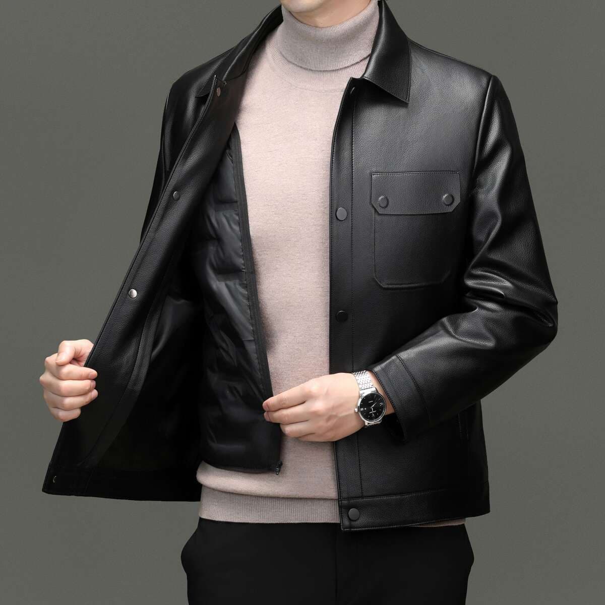[Removable Goose down Lining] Haining Leather Jacket for Men, Autumn and Winter Lapel Leather Jacket, Casual Jacket for Middle-Aged Dads 2