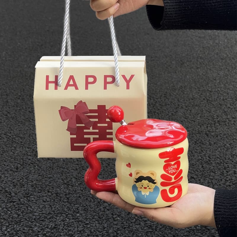 Happy love boy - red (cup + lid + spoon + portable gift box)