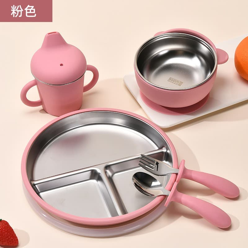 Pink [little bear bowl + cup + 20cm plate + fork + lid]