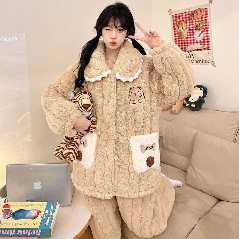 Qadınlar üçün Üçqat Qalınlaşdırılmış Mərcan Məxmər Pijama Dəsti, İsti, Cizgi Filmi, Ev/Çöl üçün 4