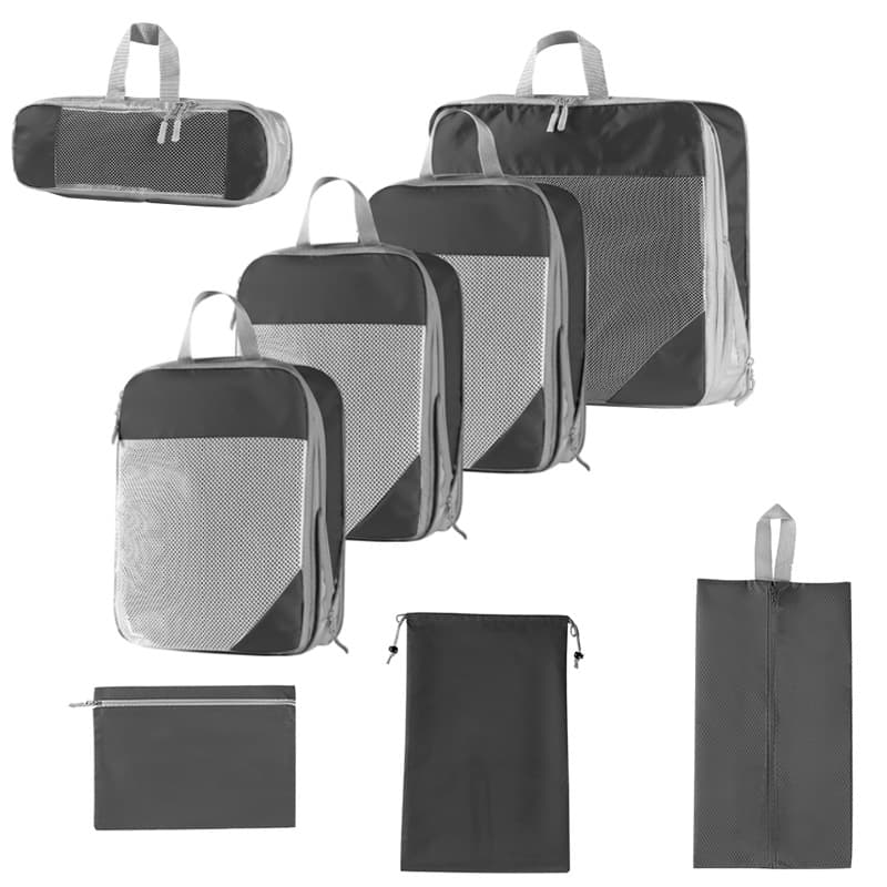 Eight-piece set with mesh gray + drawstring pocket + flat pocket + shoe bag