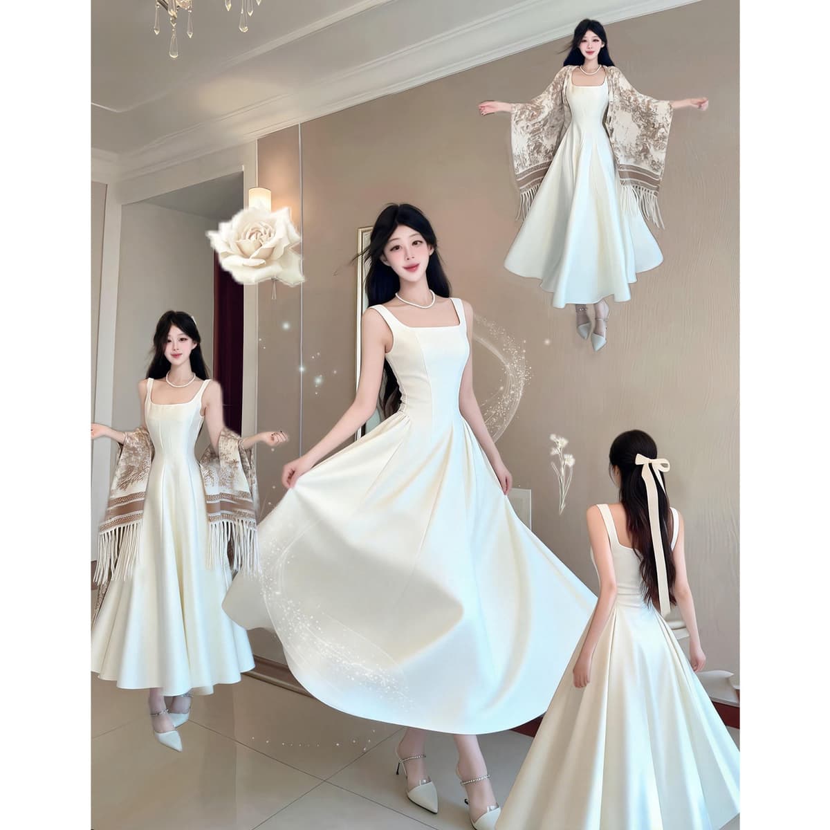 Apricot white [long suspender skirt]