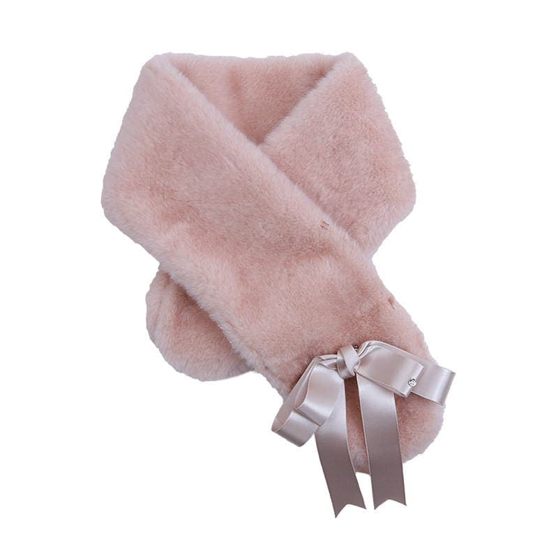 Korean-Style Sweet Pink Faux Fur Scarf for Women, Autumn and Winter Detachable Ribbon Bow, Fashionable and Warm Cross-Neck Scarf 5