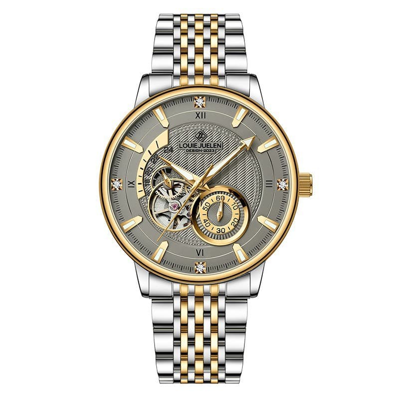 L-9168 aviator series two-tone case, gray dial, gold studs, stainless steel bracelet