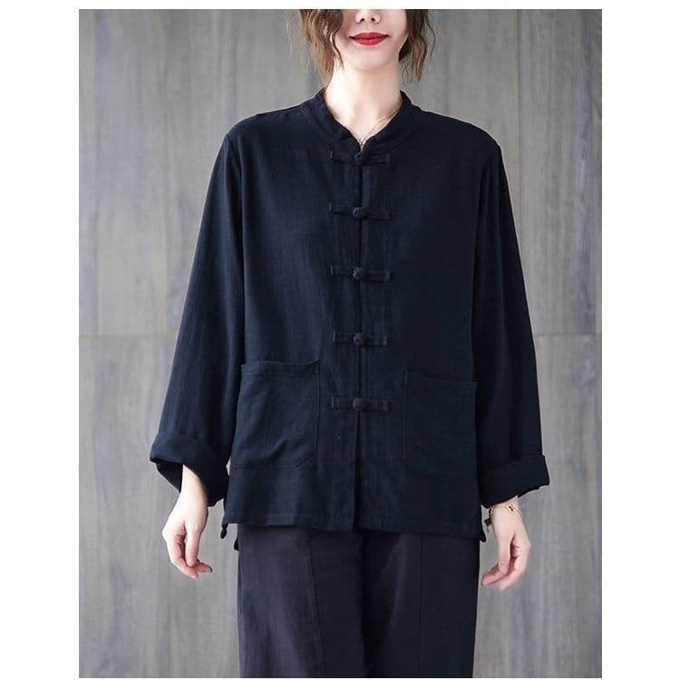 Black cotton and linen double-breasted top [activity discount]]