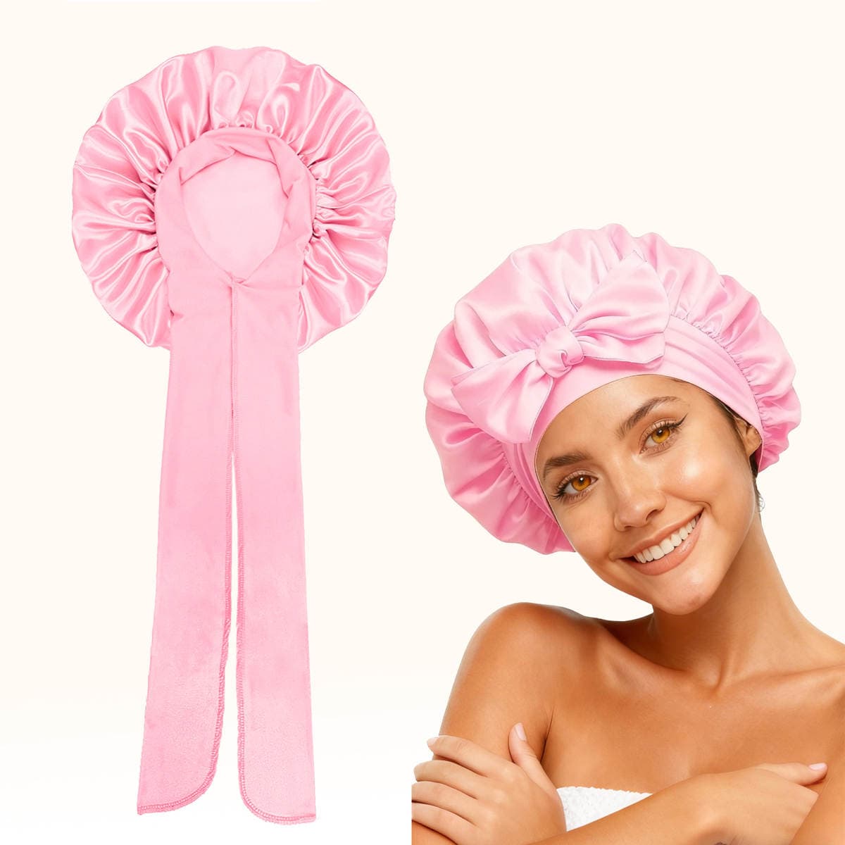 Amazon Single-Layer Satin Ribbon Cross Round Hat with Bow, Imitation Silk Beauty and Hair Care Hat, Sleep Cap for Women Wholesale 1