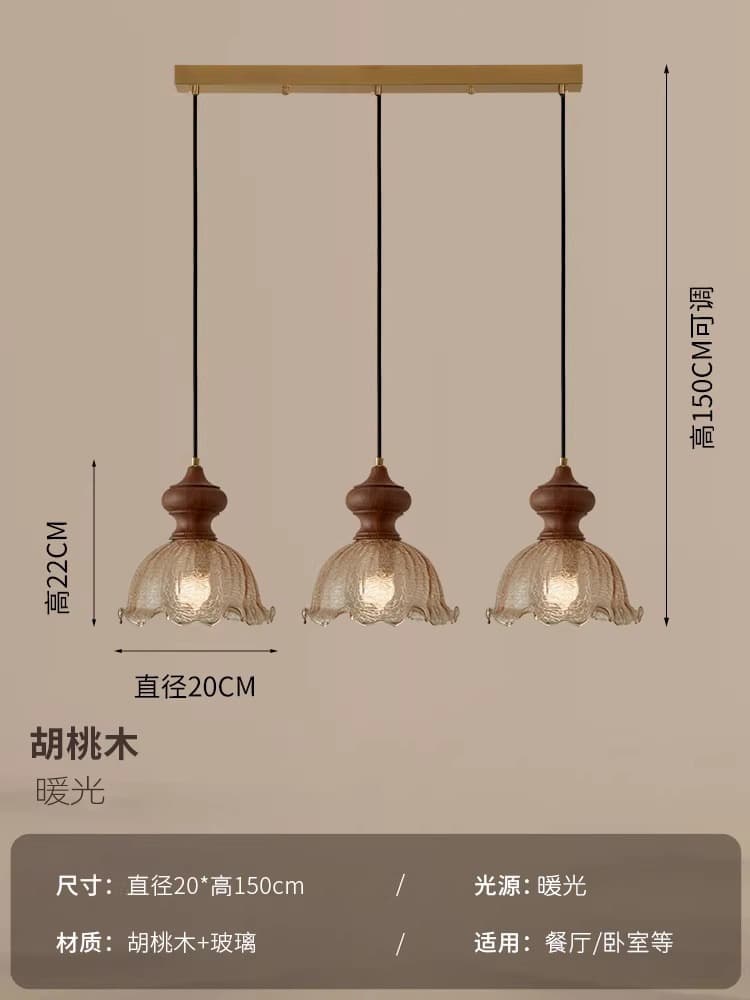 Three-head long plate ice crack-walnut color+copper color-warm light-chandelier