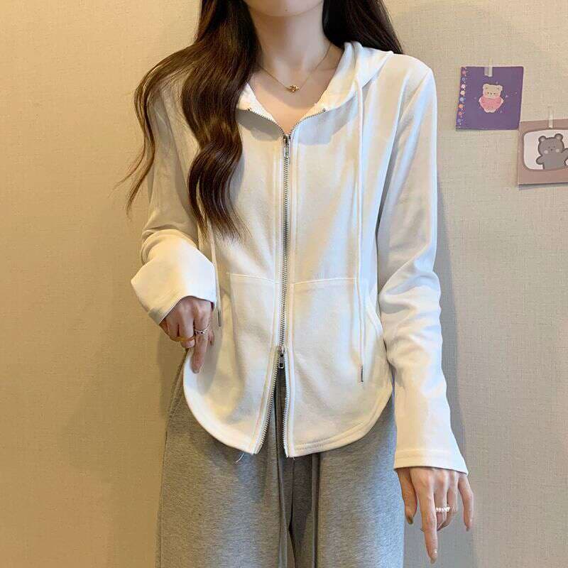Design solid color zipper hooded sweater for women 2023 autumn and winter new casual cardigan long sleeve plus size coat top 2