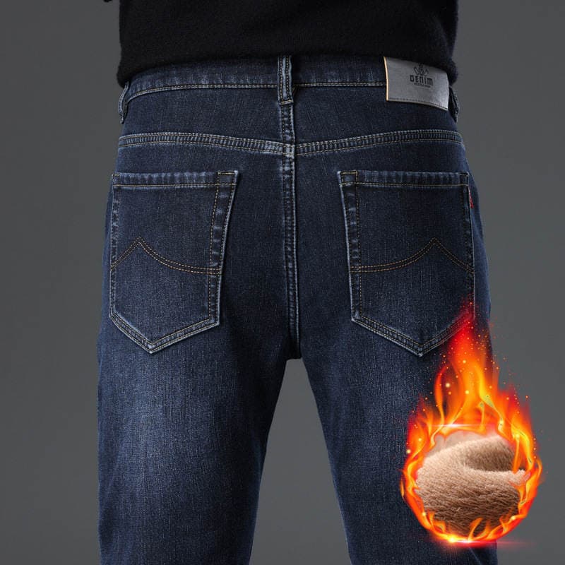 fleece-lined Thickened Jeans Men's Elastic Straight 2024 Winter New Casual Warm Pants Washed Wear-resistant 1