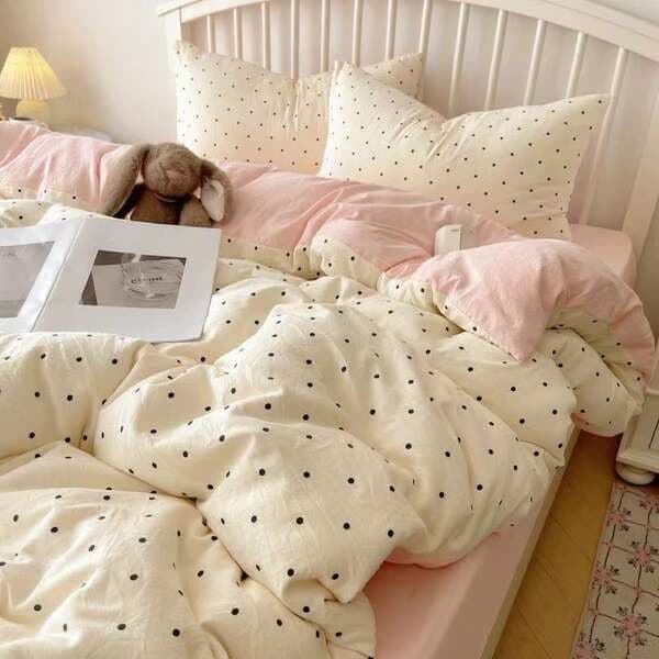 Pink Polka Dot Bedding Set, Student Dormitory Three-Piece Set, Four-Piece Set, Skin-Friendly Washed Cotton Four-Piece Set