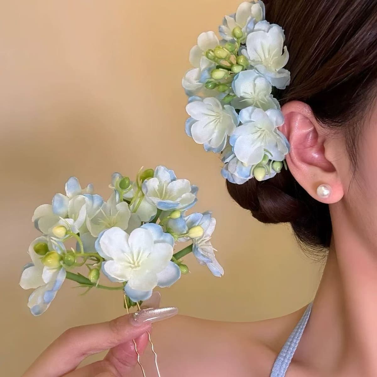 7382 qingdao jasmine flower hairpin-blue