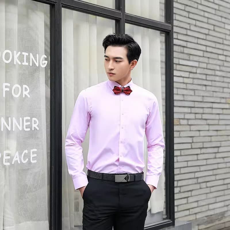 Pink long shirt + black suit pants