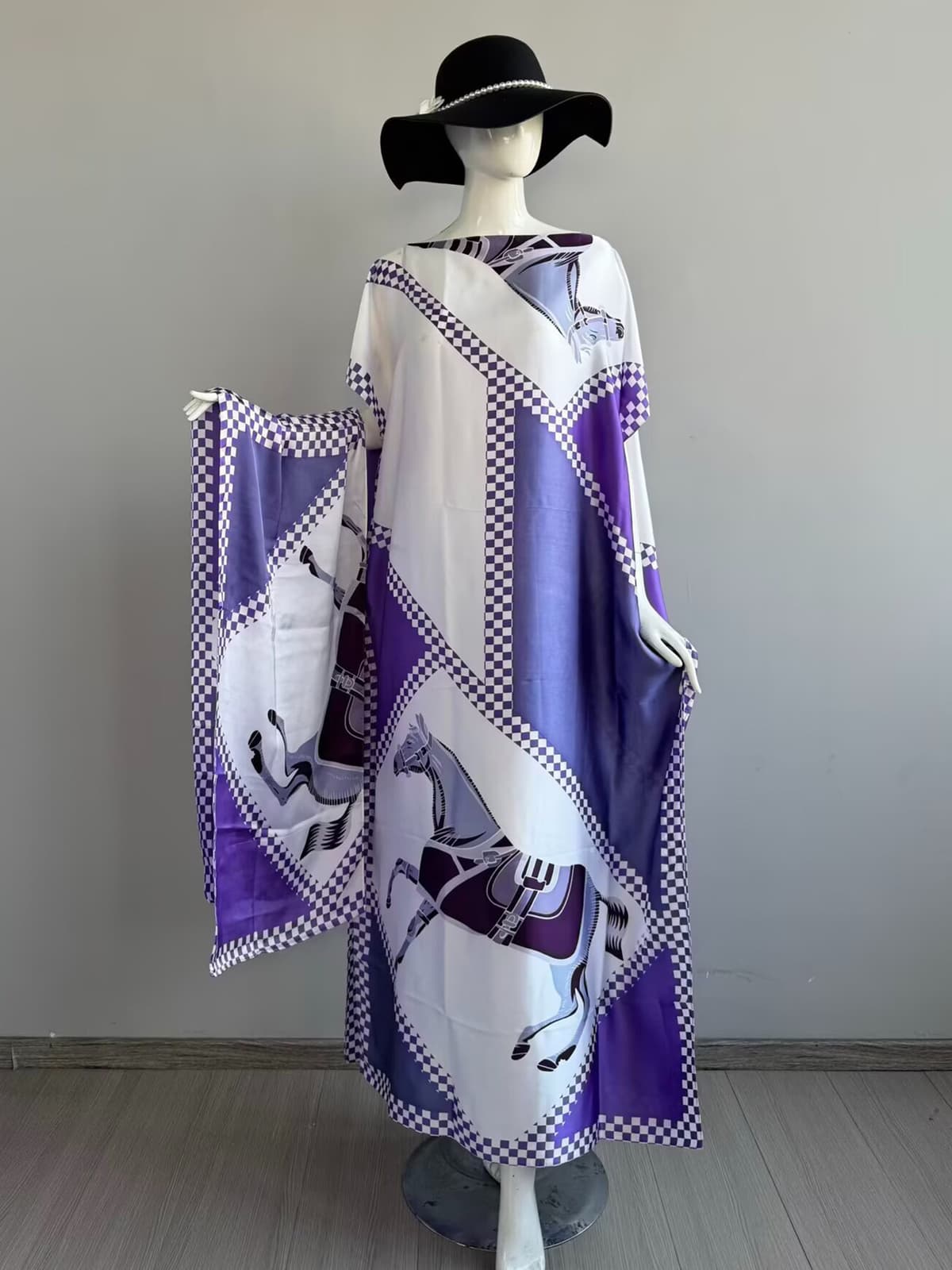 621 - diagonal checkered double horse - purple & white