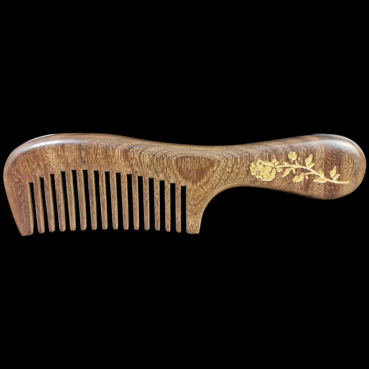 Gold wire green sandalwood 19cm round handle with gold and wide teeth