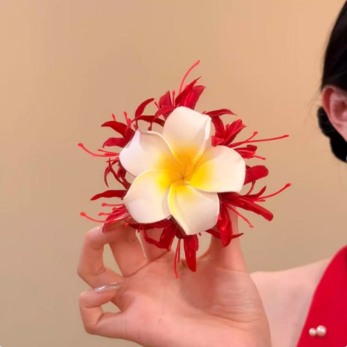 7325 "bian bian" frangipani flower hair clip - scarlet red