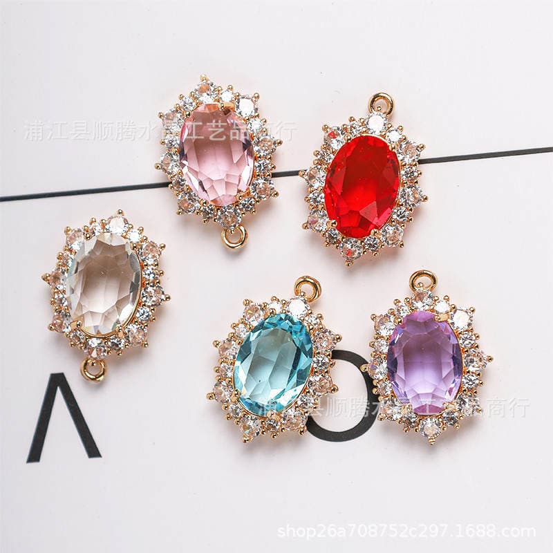 diy accessories micro inlaid zircon glass retro oval copper gold plated pendant necklace clavicle chain earrings material wholesale 1