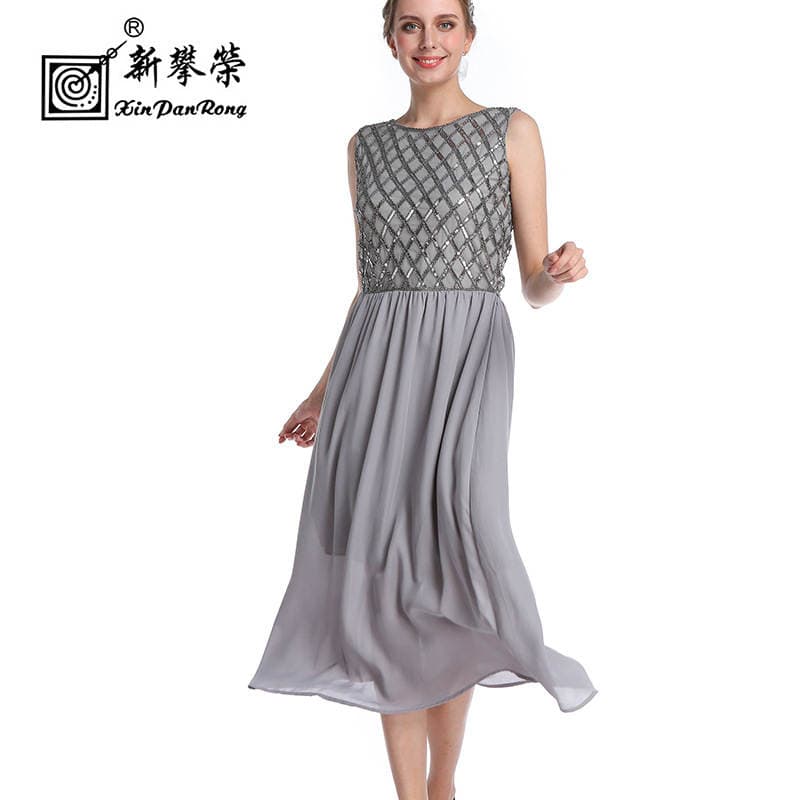 Factory Custom-Made Dress Elegant Gray Chiffon Ribbed Sequin Beaded Embroidered Sleeveless Dress Dress Can Be Worn Daily 1