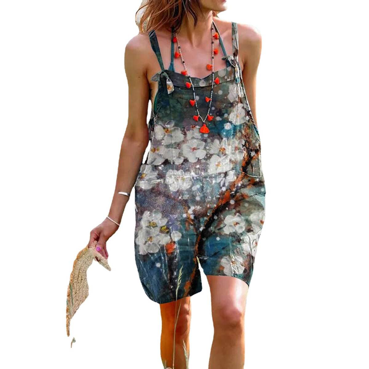 2022 European and American Cross-Border Women's Clothing Amazon Ebay Summer Cotton and Linen Retro Printed Suspenders Wide-Leg Women's Jumpsuit 5