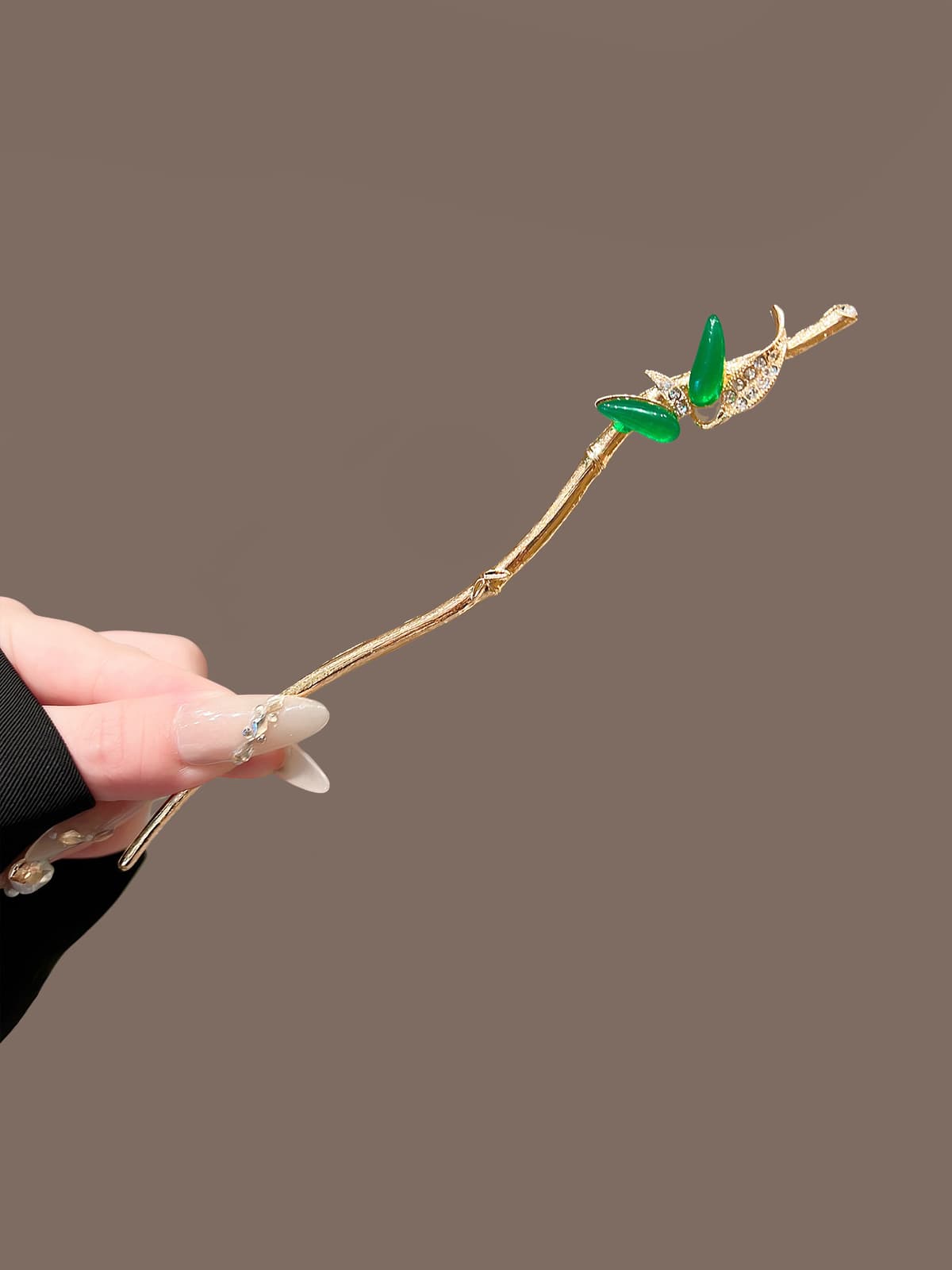 Gold rhinestone bamboo leaf hairpin