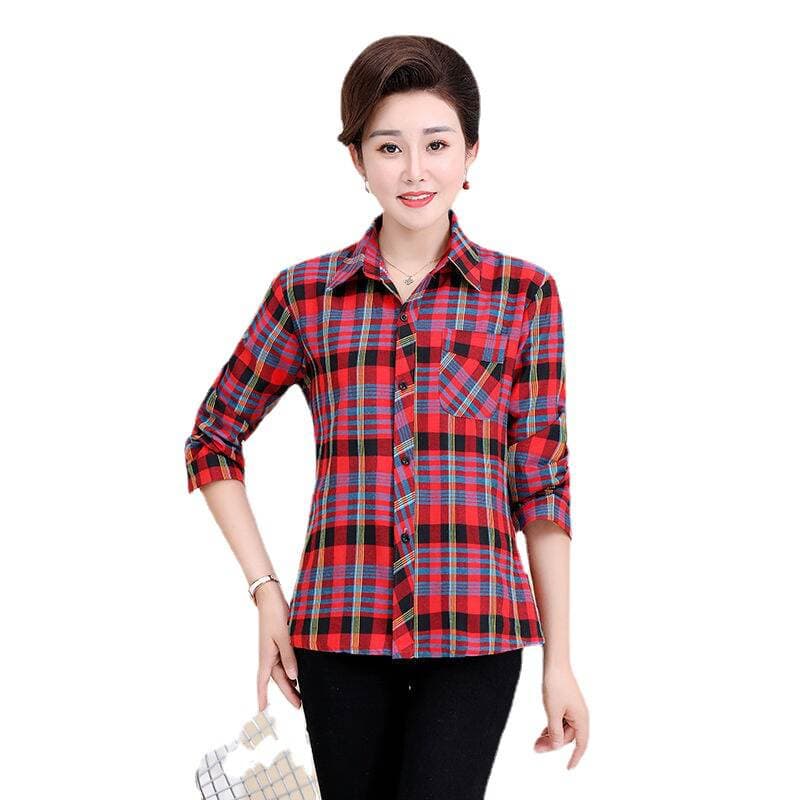 Wholesale middle-aged women's shirt women loose long sleeve slim polyester cotton plaid shirt Women middle-aged women 40-50 5