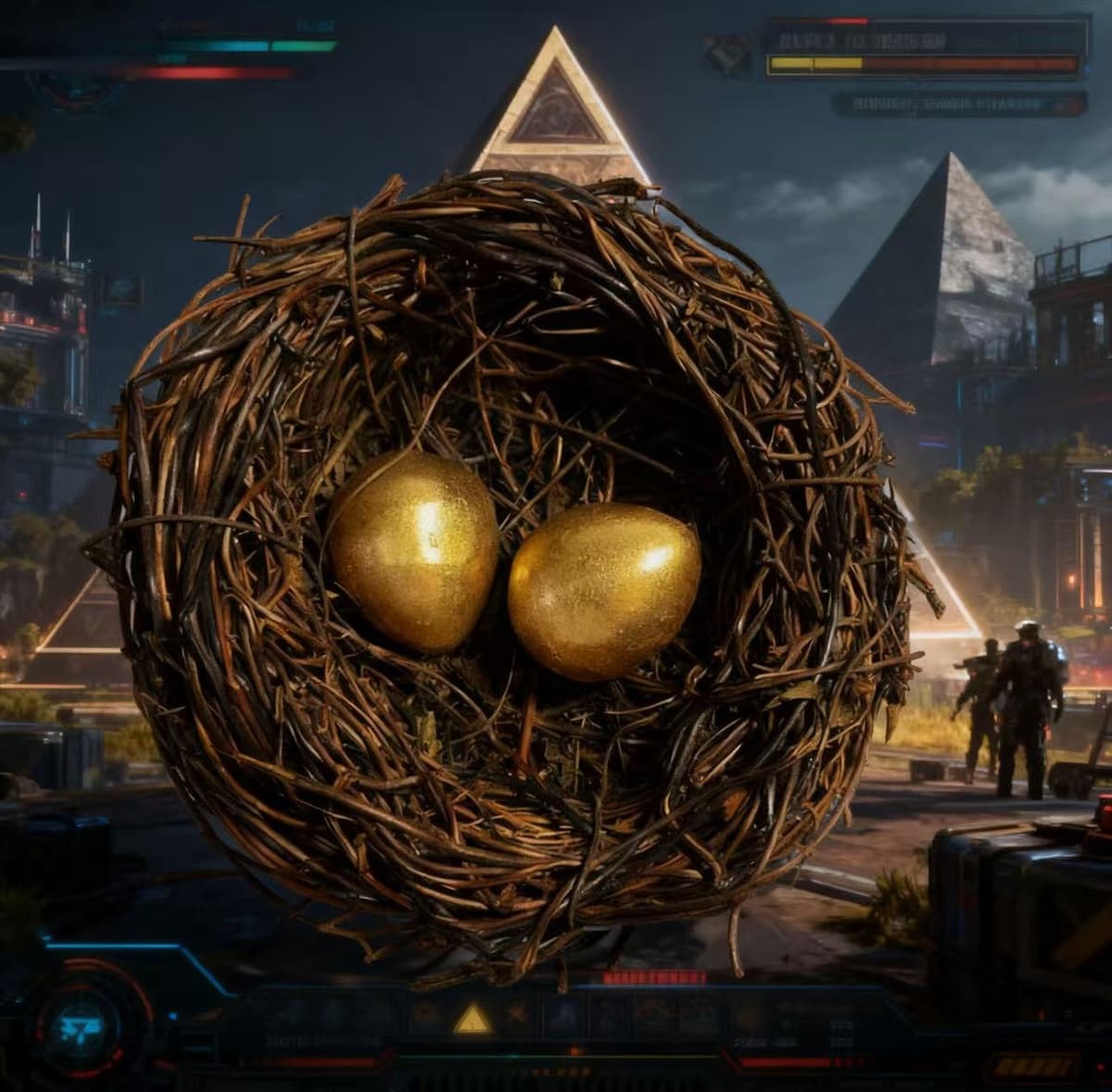 [golden bird egg + bird's nest]