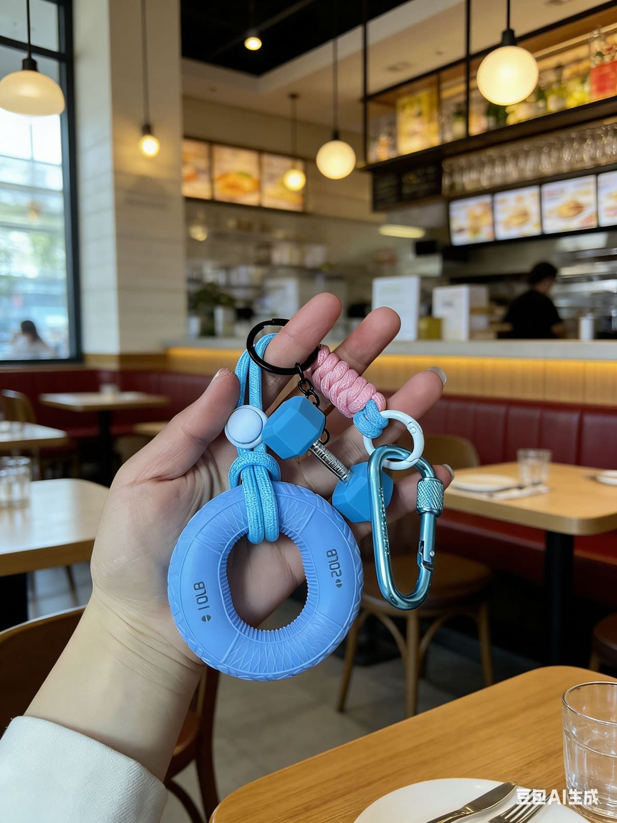 Blue grip ring + lanyard + carabiner + blue barbell