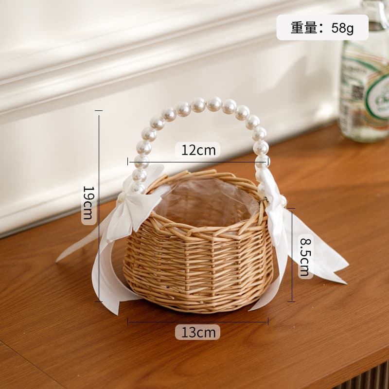 White ribbon bow pearl handle willow woven flower basket - small