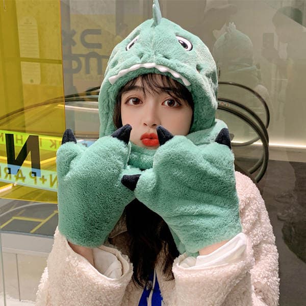 Winter Warm Children's Thickened Dinosaur Hat, Scarf, Gloves, and Ear Protection Three-Piece Set Integrated Hat for Warmth