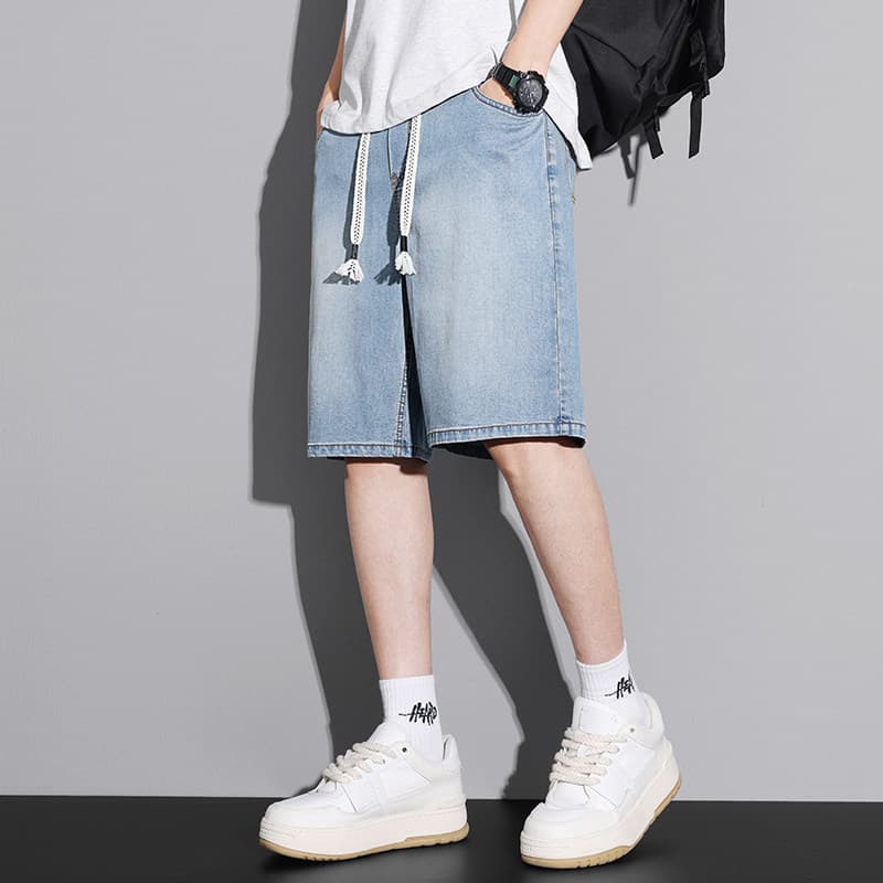 527 nostalgic blue tencel elastic waist drawstring—five-quarter pants