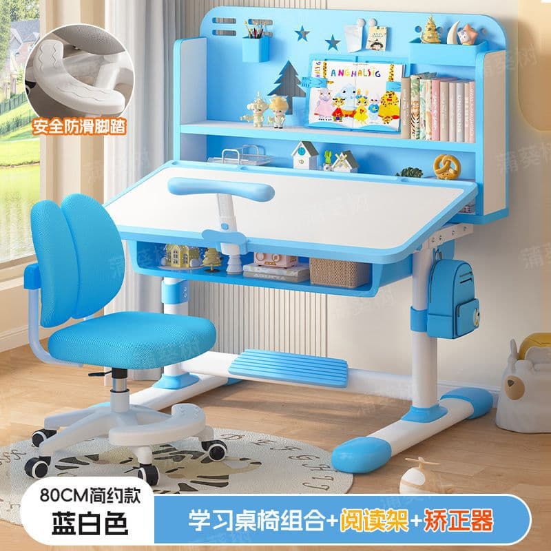 Blue and white desk [tilting desktop + dual back gliding chair + reading stand + study stand] two-zone bookshelf