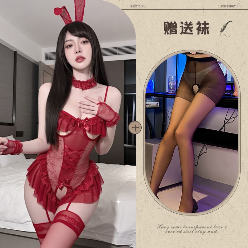 Burgundy + black crotchless socks