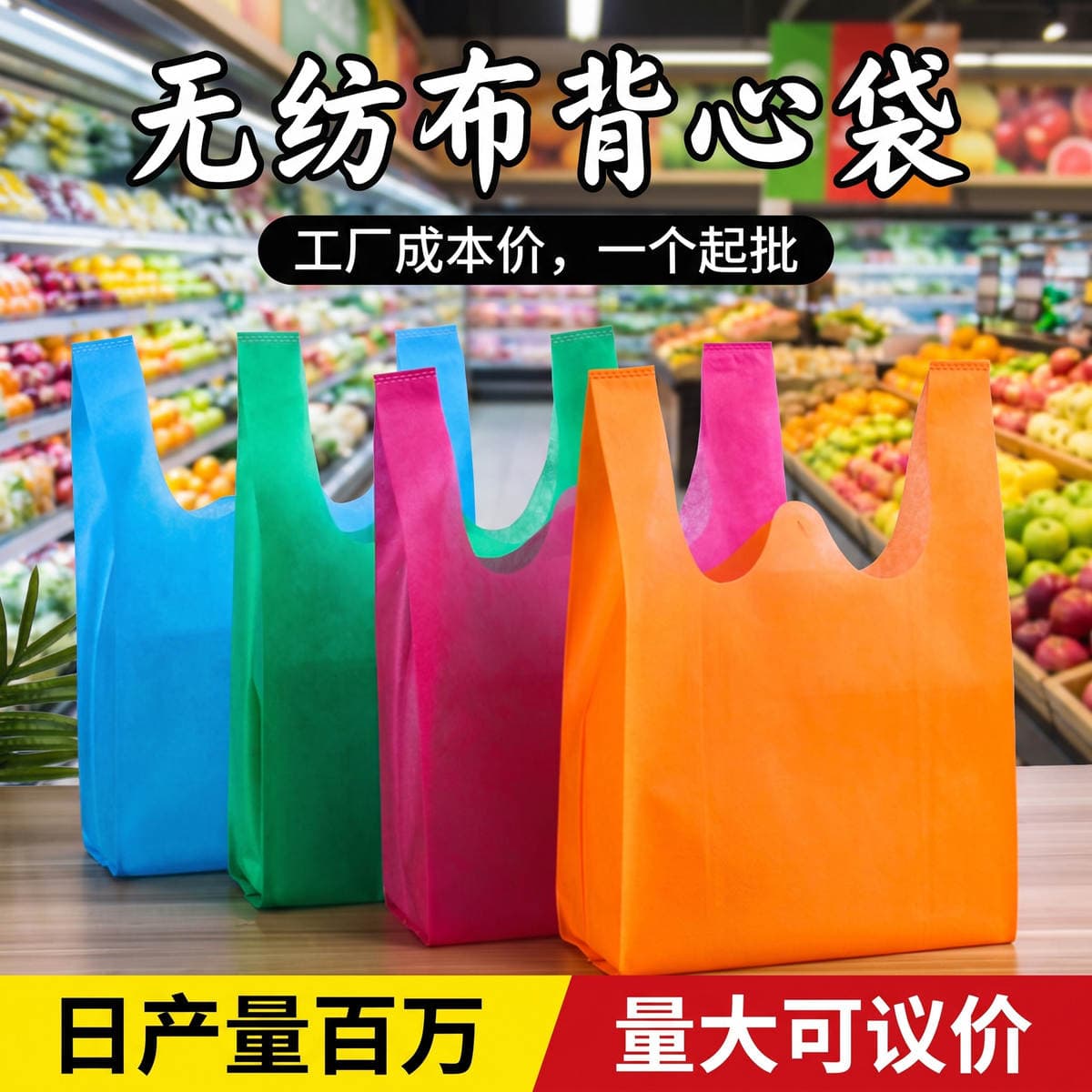 In-Stock Non-Woven Fabric Vest Bags, Thickened Eco-Friendly Supermarket Shopping Tote Bags, Foldable Promotional Hand-Held Bags, Customizable 1
