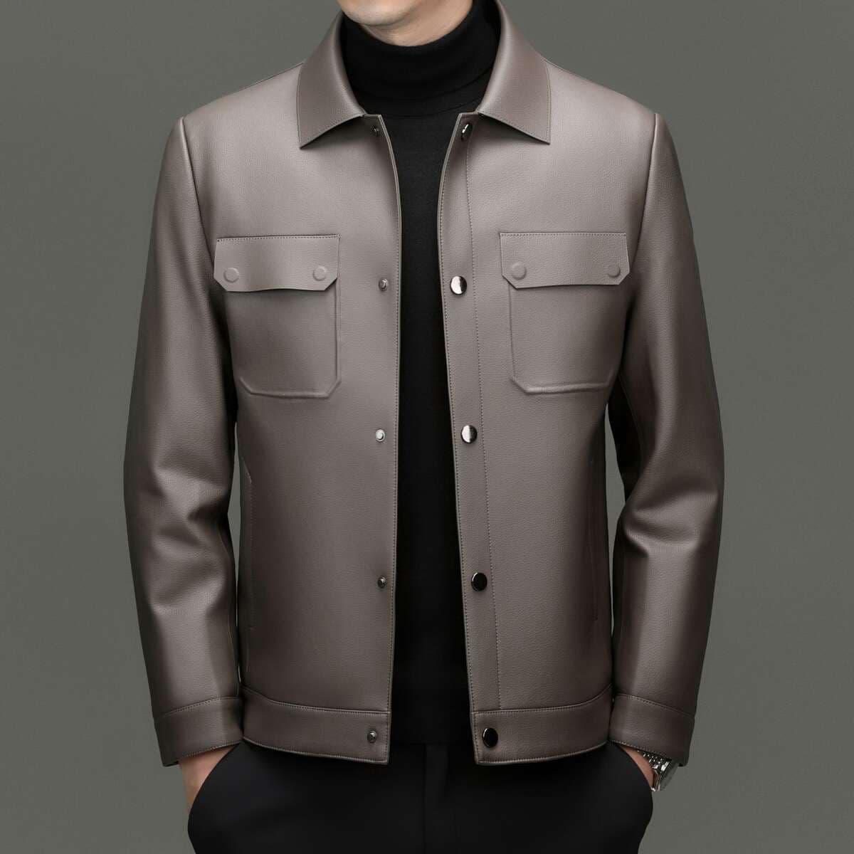 [Removable Goose down Lining] Haining Leather Jacket for Men, Autumn and Winter Lapel Leather Jacket, Casual Jacket for Middle-Aged Dads 4