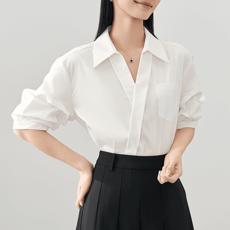 White V-Neck Shirt Women's Summer New Casual Loose French Niche Top Work Clothing Interview Professional Formal Shirt 3