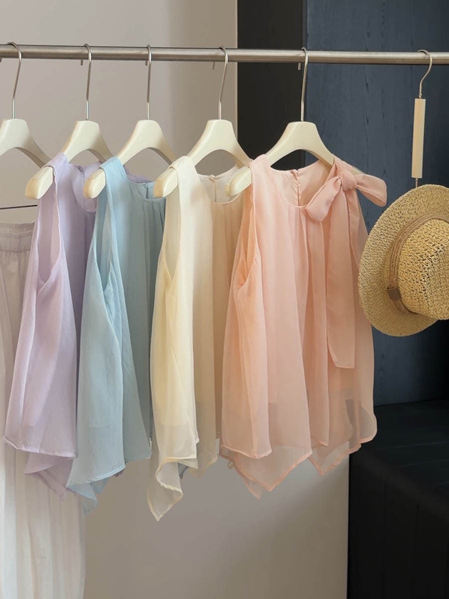 Qadınlar üçün bantlı, lentli, qolsuz, şifon köynək, dəyirmi yaxalı pullover. 3