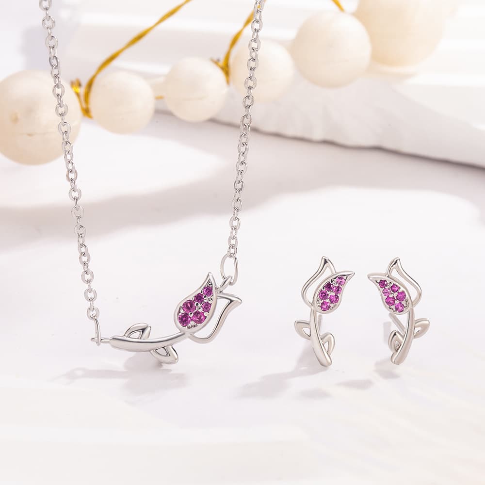 (copper plated with white gold) r173 necklace + r175 earrings/tulip two-piece set/unprinted