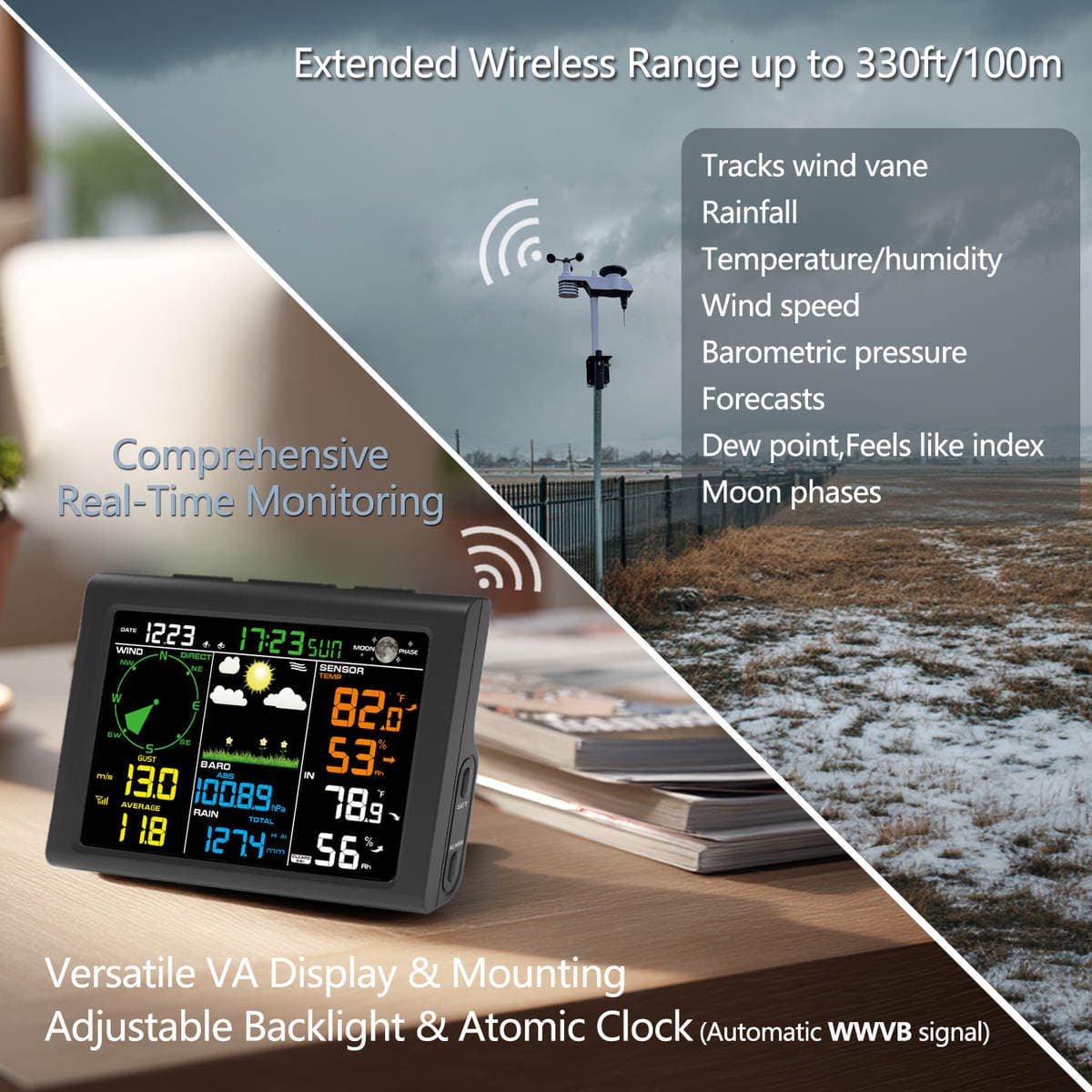 Wireless Weather Station with Color Screen, Indoor and Outdoor Temperature and Humidity Satellite Meter, Weather Forecast Weather Station 2