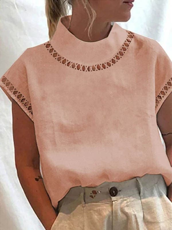 wish Independent Station Women's Solid Color Hollow Top Casual High Collar Linen Lace Breathable Shirt Spot 2