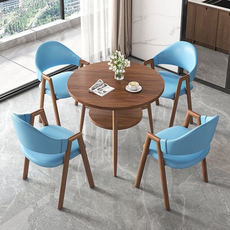 Round table + 4 light blue leather chairs - walnut legs