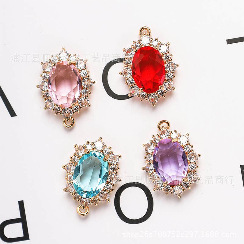 diy accessories micro inlaid zircon glass retro oval copper gold plated pendant necklace clavicle chain earrings material wholesale 4