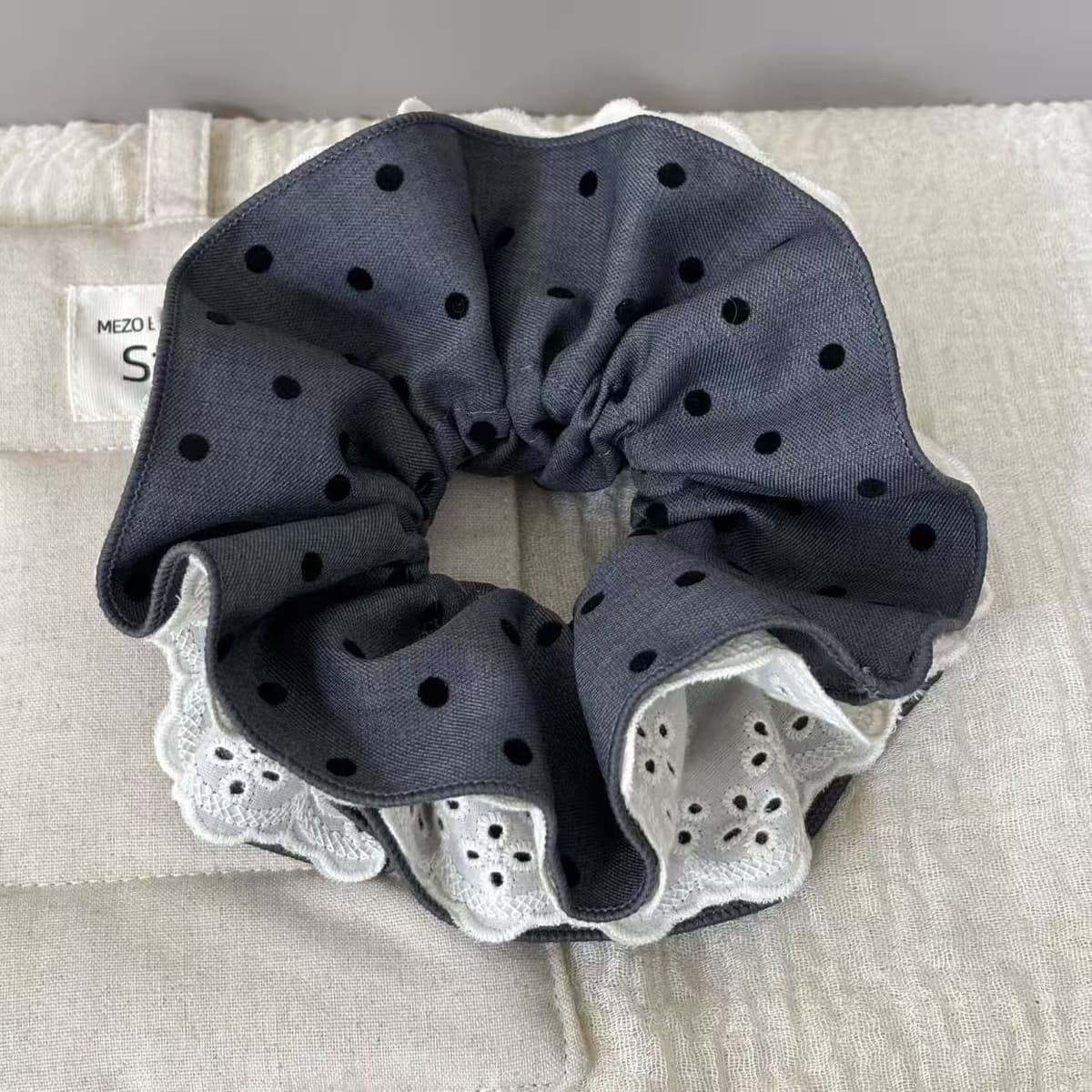 Gray polka dot lace hair tie