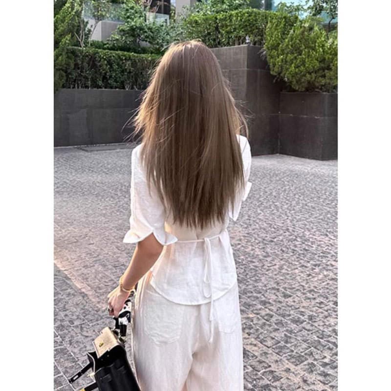 Morning Collar [Original Quality] Women's Shirt with Regular Shoulder, Waist-Cinching, Mid-Sleeve, Hot Girl Style, Back Tie, Waist-Cinching, Polo Collar 5