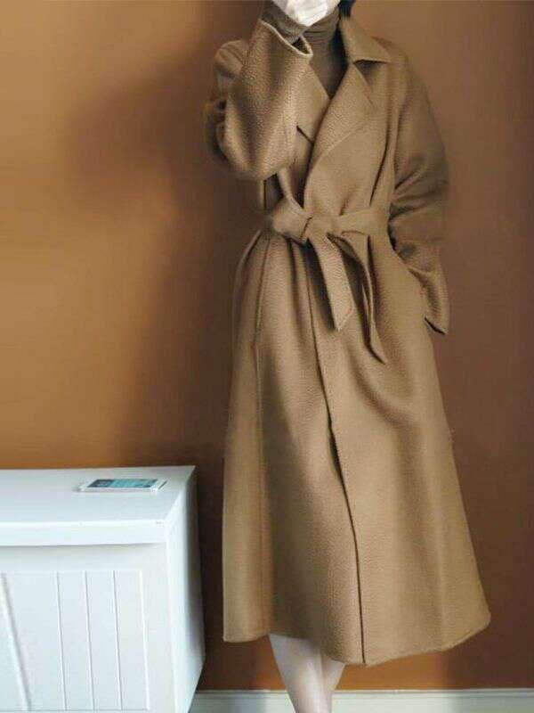 Double-sided over-the-knee cashmere overcoat women's autumn and winter water ripple mid-length tight waist profile 100% wool woolen overcoat 1
